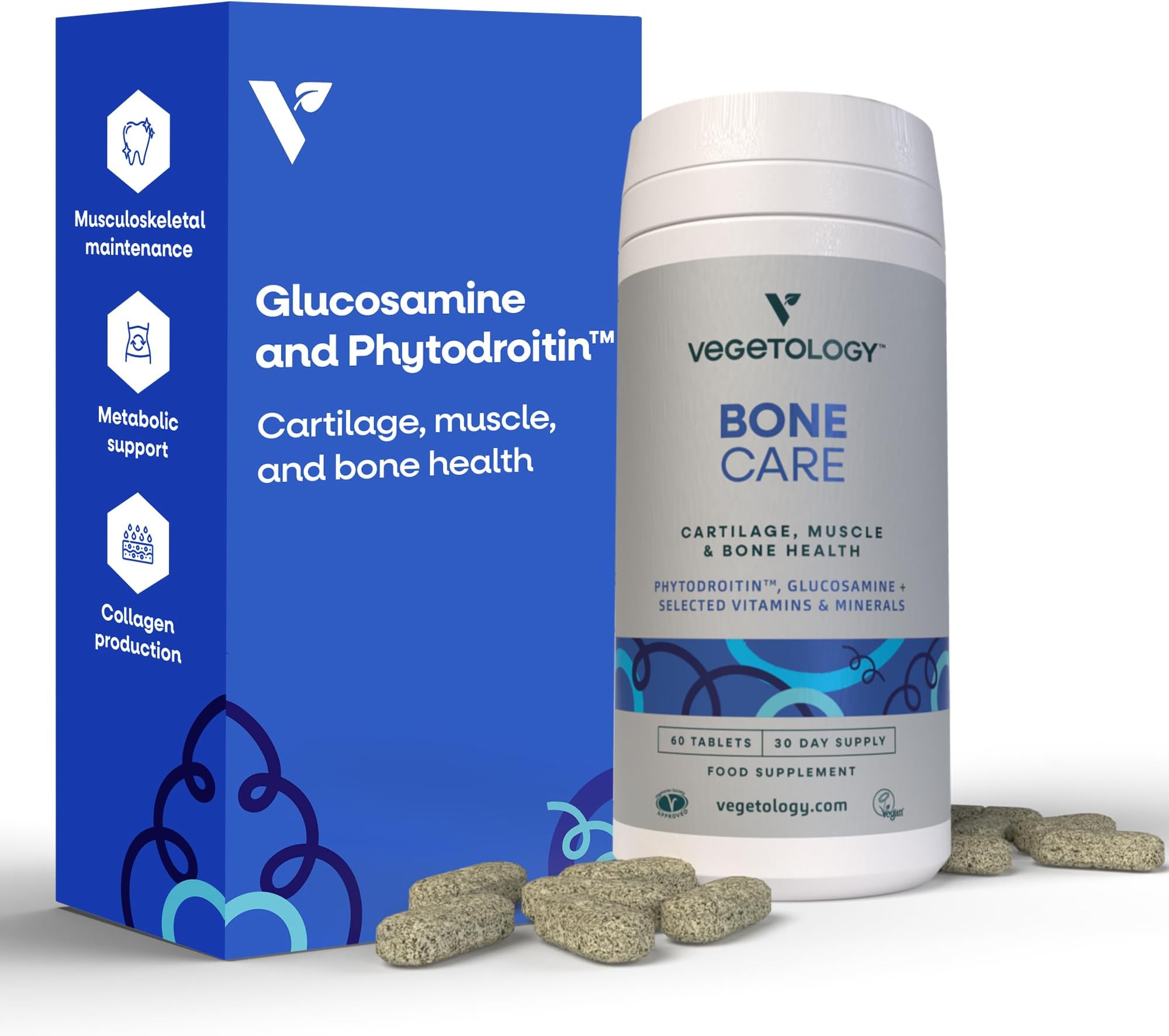VEGETOLOGY Bone Care Bone Health Supplements - Phytodroitin, Glucosamine, Vitamin D3 K2 & Calcium Supplement – Cartilage, Muscle & Joint Support Supplement – Vegan Bone Strength (60 Count)