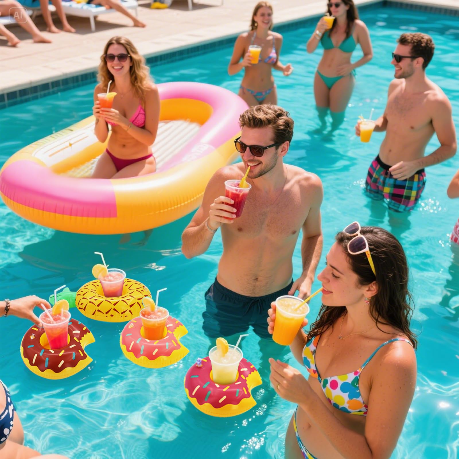Getränkehalter Pool, 15 Stück Getränkehalter Aufblasbare, Aufblasbar Schwimmender Flaschenhalter mit 1 Luftpumpe, Flamingo Palme Pool Party Deko, SchwimmendGetränkehalter für Sommer Beachparty Hawaii