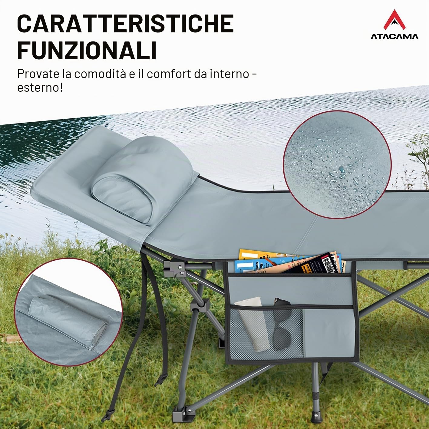 Atacama Lettino da campeggio pieghevole - lettino camping ultraleggero - Lettino ideale per avventure all'aperto, lettino carpfishing - letto da campeggio XXL comodo, portatile lettino da campeggio