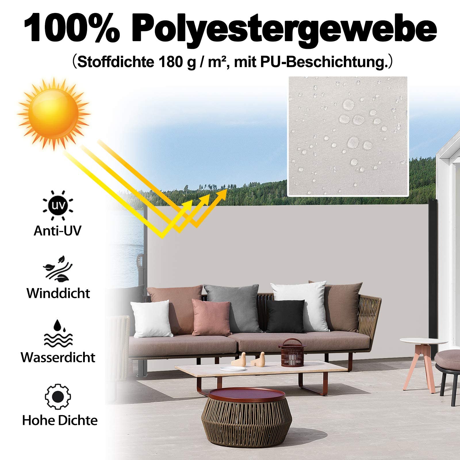 LZQ Markiza boczna wysuwana na balkon, ochrona przed słońcem, wodoodporna, ochrona przed wiatrem, roleta boczna z poliestru, do ogrodu, na taras, na plac zabaw, kemping (180 x 300 cm, szara)