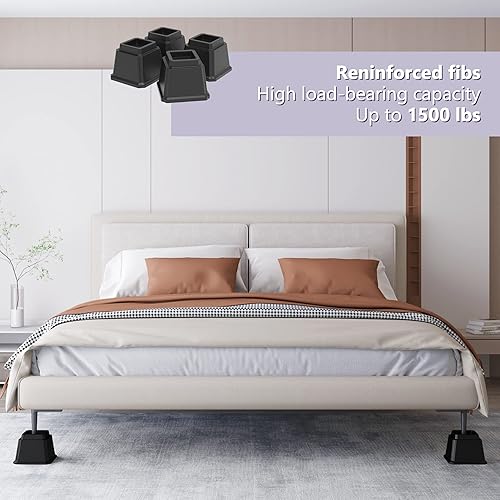 Miniatura 5 de Napnapday Elevadores de cama de 5 pulgadas resistentes paquete de 4 elevadores de muebles de cama, 1500 libras elevadores para sofá y mesa, color