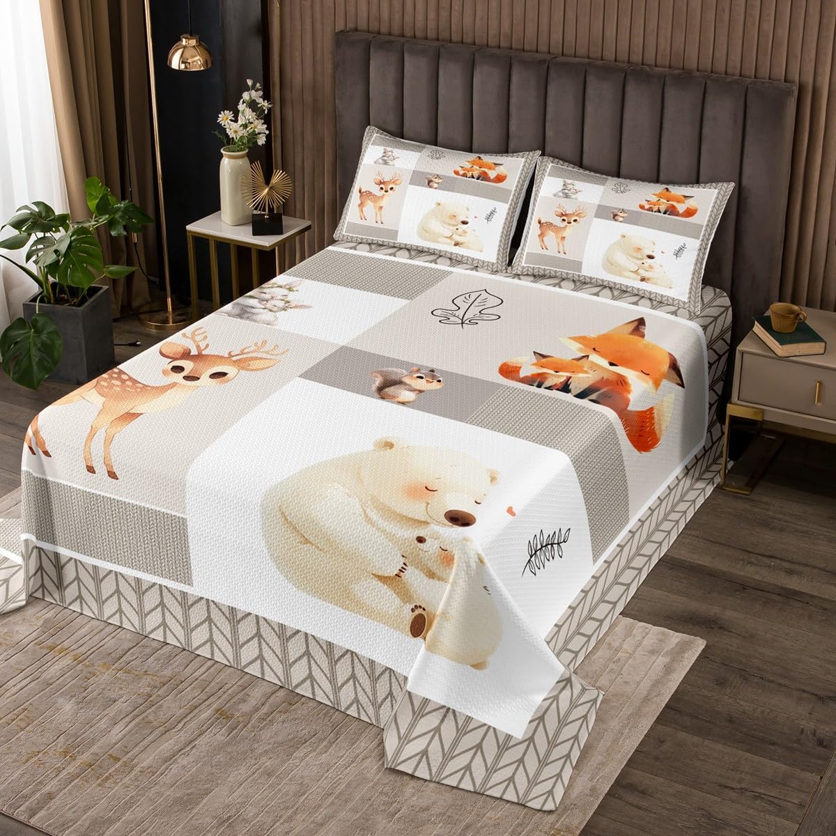 Cute Bear Deer Bedspread Twin Size,Cartoon Animals Down Comforter 2Pcs,Camping and Adventure Bedding Set for Kids Girls Boys Teens Room Decor,Rustic Beige Striped Quilt Coverlet,1 Pillowcase