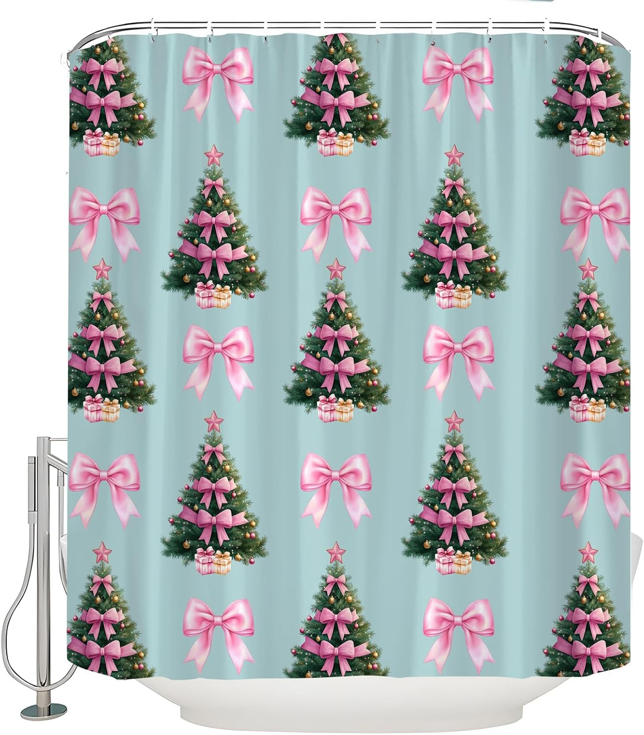 Christmas Tree Shower Curtain Cute Pink Bow Green Pine Tree Merry Christmas Winter Xmas Holiday Happy New Year Blue Fabric Bathroom Curtain with Hook