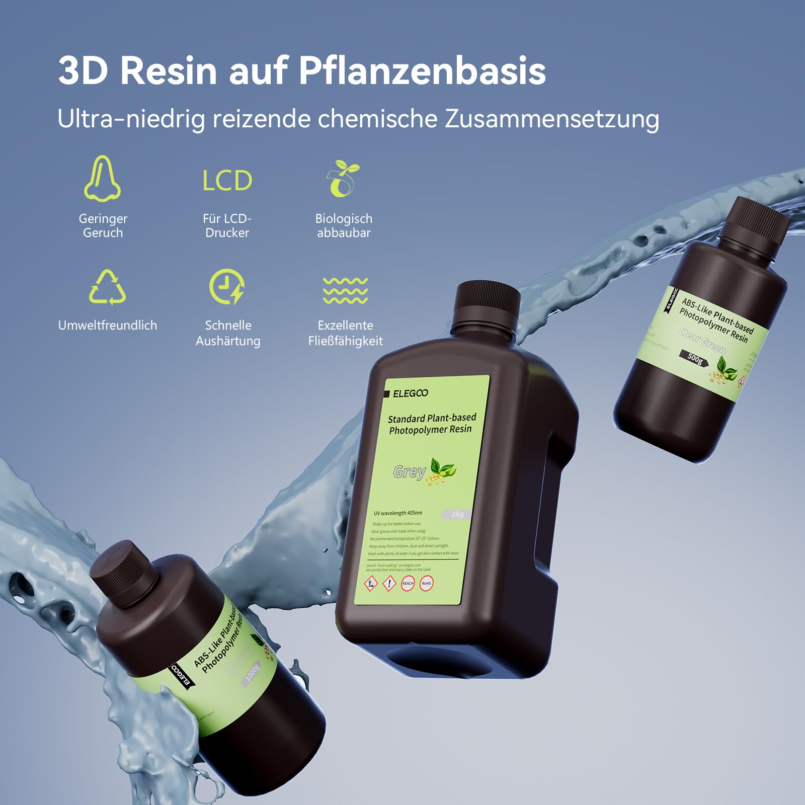 ELEGOO Standard 3D Drucker Resin auf Pflanzlicher Basis mit Extrem Geringem Geruch und Hoher Präzision, 405 nm UV Photopolymerharz, Schnelle Aushärtung Harz für Resin 3D Drucker Klargrün 1000g