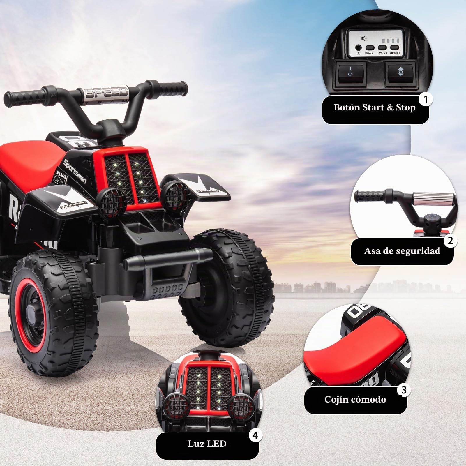 Garvee Quad Eléctrico Niño 6V, Coche Eléctrico para Niños con LED Y Música, 1,8 km/h con Botón, Arranque de Larga Autonomía, ATV para Niños 3+ Años