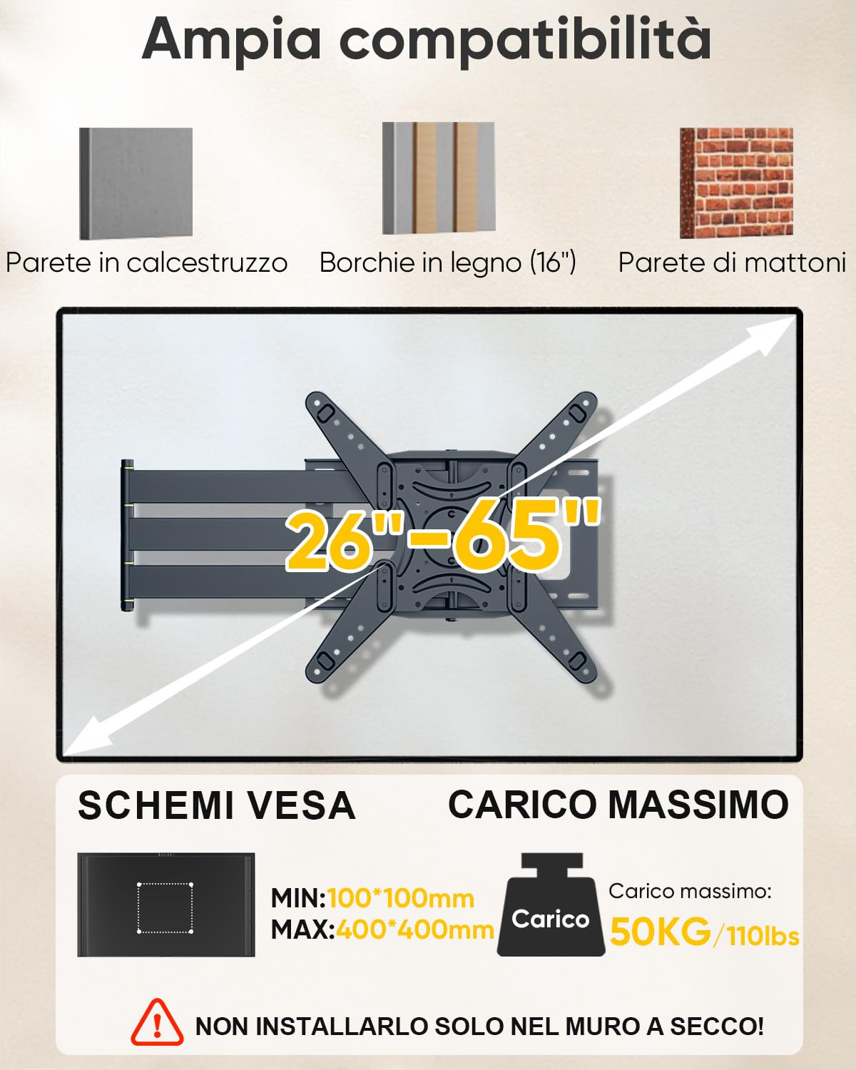 Staffa da parete TV a Lunga Portata con Rotazione di 90° con Bracci Articolati da 1219mm, Staffa per Montaggio a Parete Full Motion per TV e Monitor da 26-65 Pollici, Carico 45kg, VESA 400x400mm