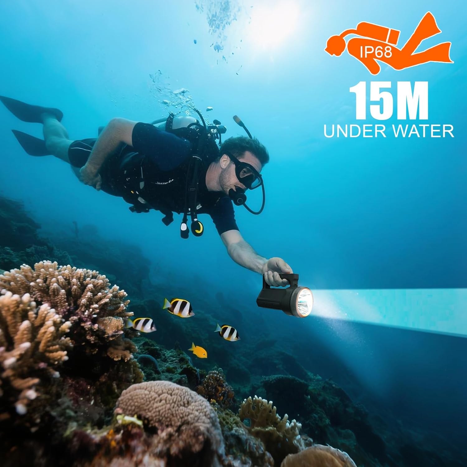 Rechargeable Diving Flashlight with Power Display, IP68 Waterproof and Submersible, Dual Switch 4 Modes Portable LED Searchlight for Camping, Night Dive, Indoor and Outdoor Use (LK-995 White Light)