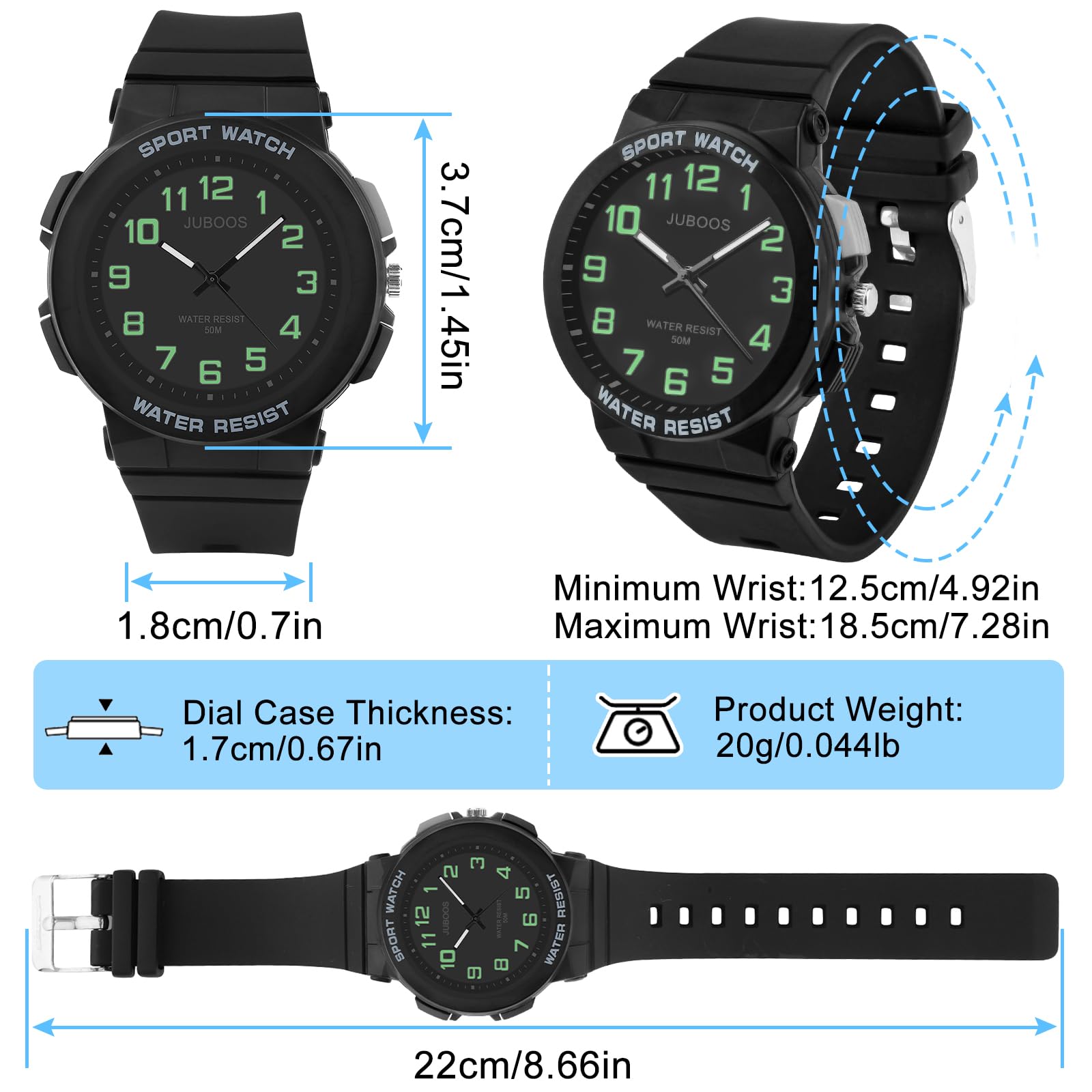 Juboos zegarek dziecięcy, podświetlany, zegarek dla chłopców, dziewcząt, analogowy zegarek kwarcowy z gumowym zegarkiem, wodoodporny, sportowy na świeżym powietrzu, młodzieżowy zegarek 7-18, czarny