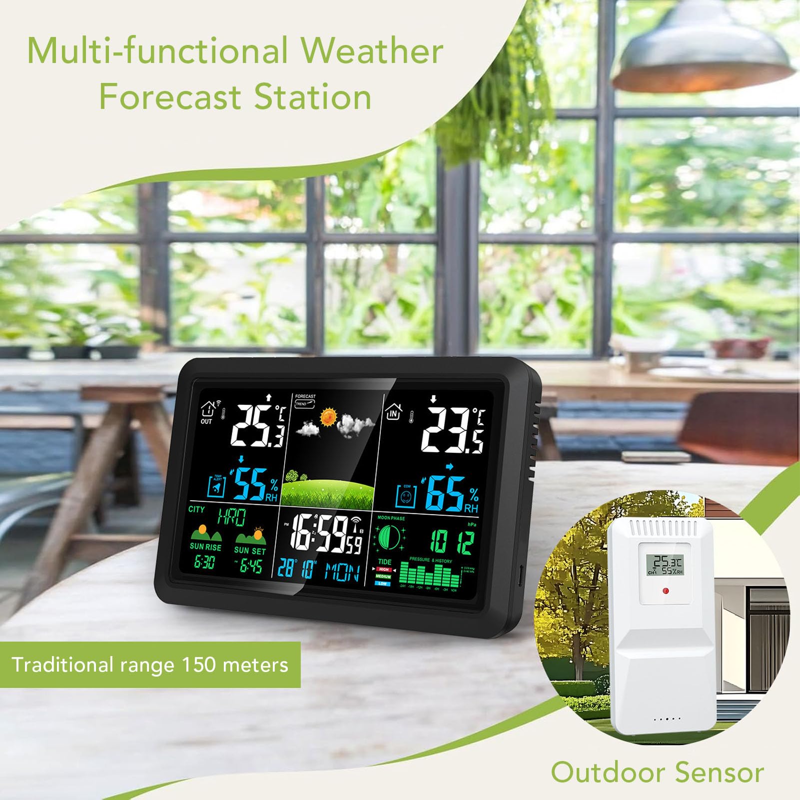 Stazione Meteorologica Wireless per Interni Esterni, Termometro Digitale con Display a Colori con Orologio Atomico, Previsioni Meteo, Monitoraggio dell'umidità della (Spina europea 220 V)