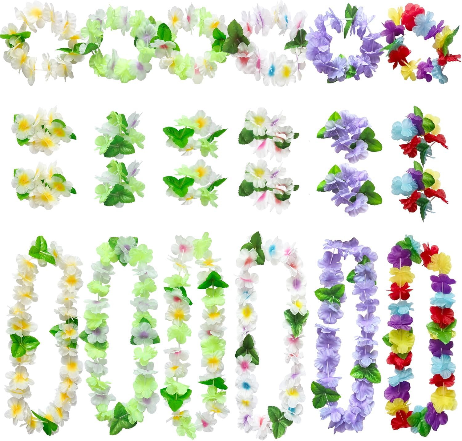 PARSUP 24pcs Hawaiian Leis Party Decorations, Flowers Necklace Headband Bracelet, Tropical Aloha Luau Hawaiian Party Night Bar Vacation Accessories for Women Men Adult