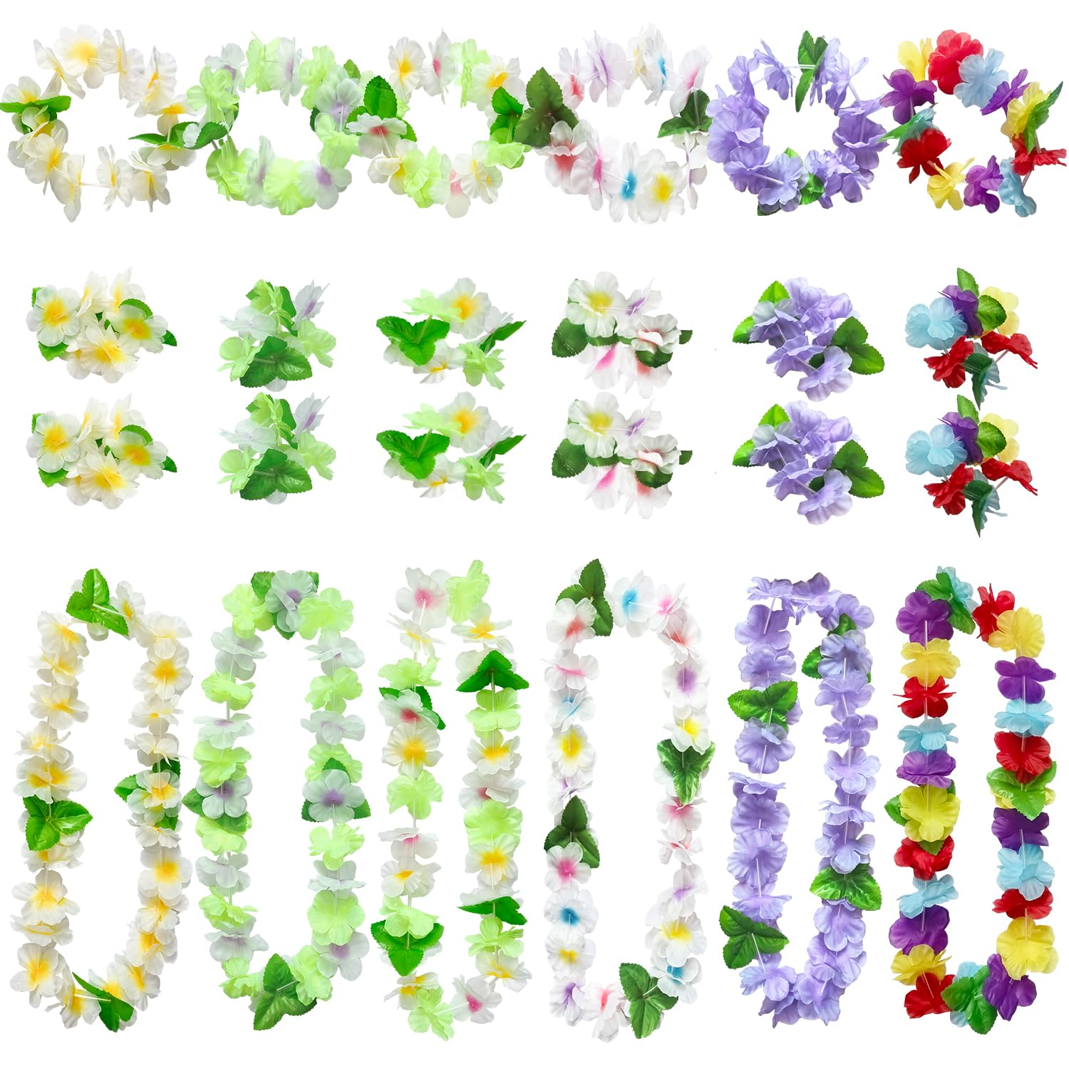 PARSUP 24pcs Hawaiian Leis Party Decorations, Flowers Necklace Headband Bracelet, Tropical Aloha Luau Hawaiian Party Night Bar Vacation Accessories for Women Men Adult