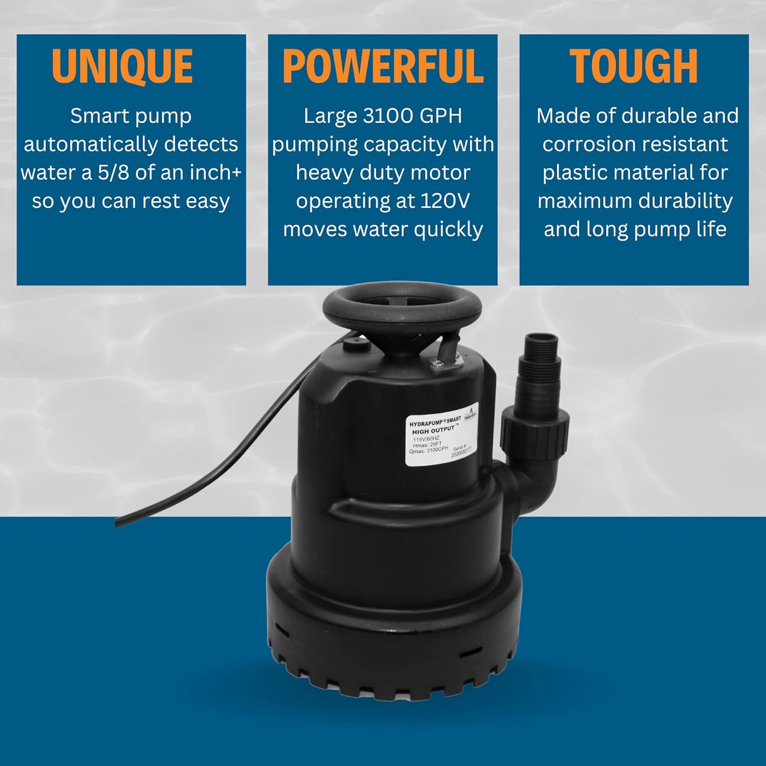Watershed Innovations HydraPump Smart High Output Automatic Pump - Submersible Water Pump - Pool Cover Pump - Portable Electric Pump - HydraDetect Technology for Automatic Operation