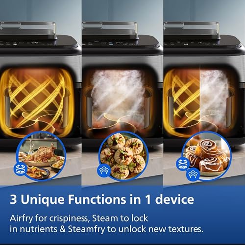 Philips Steam Airfryer 5000 Series Dual Basket - Airfryer & Steamer, 9 Litre, RapidAir Plus, 19 Cooking Functions, 90% Less Fat, 2 Baskets, Steam Cleaning, Silver (NA555/00) - 3