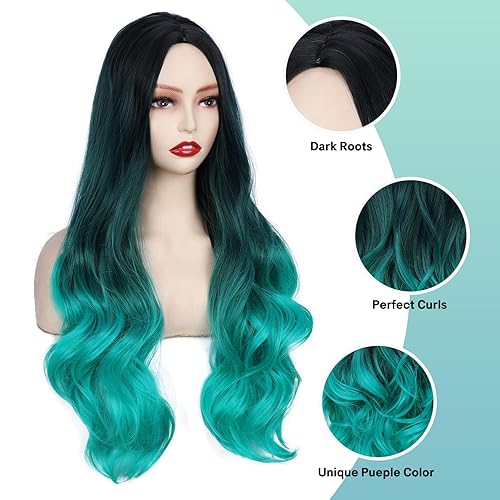 Miniatura 7 de WIGER Peluca larga ondulada de color verde azulado degradado, pelucas largas y rizadas de color degradado, pelucas de pelo sintético con raya en