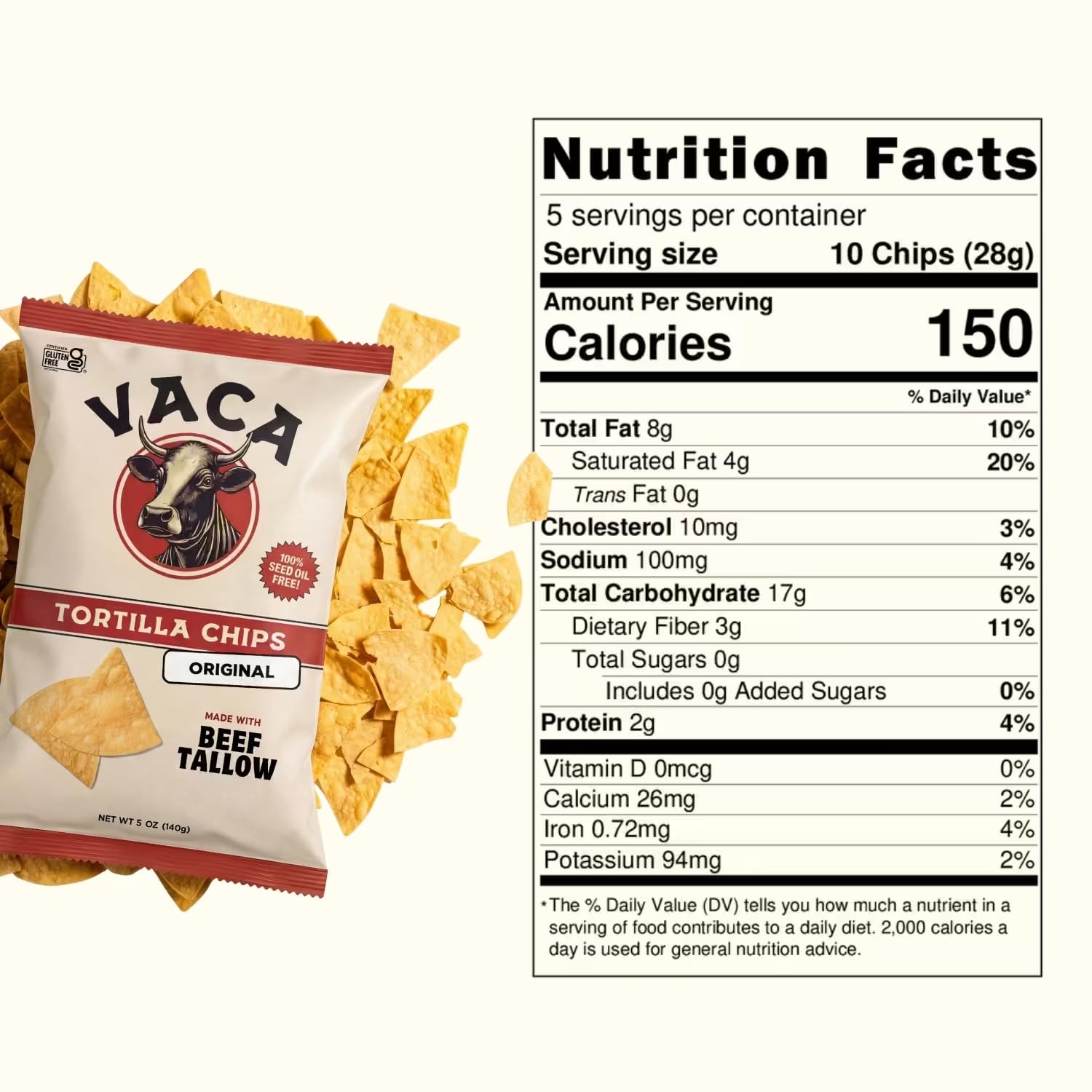 Vaca Chips – Beef Tallow Tortilla Chips, Original Flavor – 6 Pack of 5 oz Bags – Seed Oil Free Snack Made with Organic Corn & Sea Salt – Gluten Free, No Preservatives, Cooked in Beef Tallow