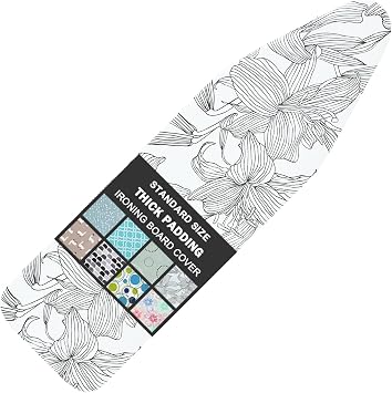 Ironing Board Cover and Pad Standard Size 15" x 54",3 Pairs of Hook and Loop Fastener Straps,Elastic Edges,Cotton Iron Board Cover with Scorch Resistant Thick PaddingLine Flower