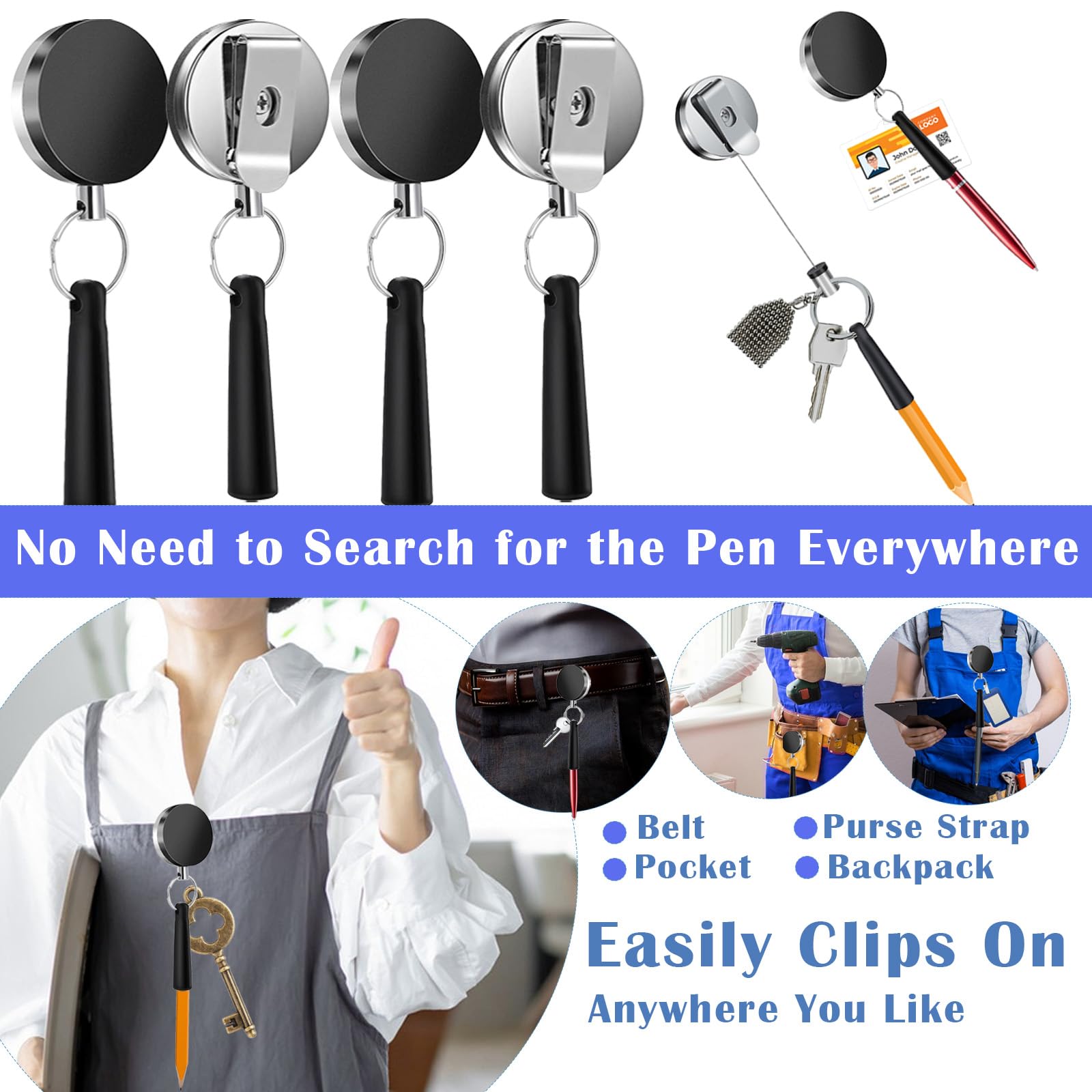 4 PCS Heavy Duty Retractable Pull Pen Pencil Holder with 24″ Pull Rope ...
