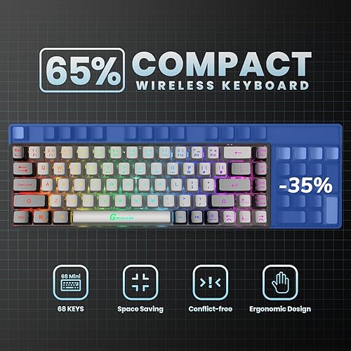 Miniatura 5 de Teclado inalámbrico 65% para juegos, recargable, retroiluminación LED, enchufar y usar, teclado ultracompacto antifantasmas sin conflictos para PC,