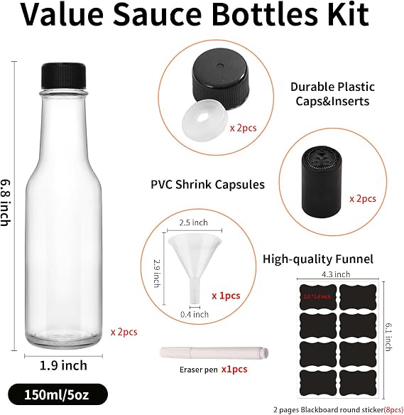 2Pcs 5oz Glass Bottle, Clear Woozy Bottles with Shrink Capsules,Empty Small Beverage Canning Bottles with Black Caps for Kitchen and Party (BLACK, 2)