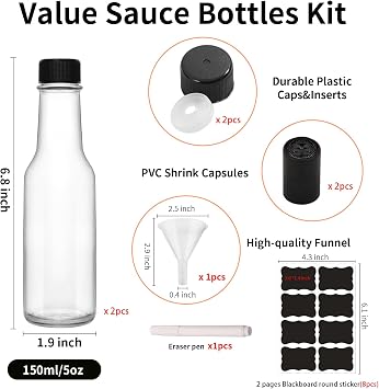 2Pcs 5oz Glass Bottle, Clear Woozy Bottles with Shrink Capsules,Empty Small Beverage Canning Bottles with Black Caps for Kitchen and Party (BLACK, 2)