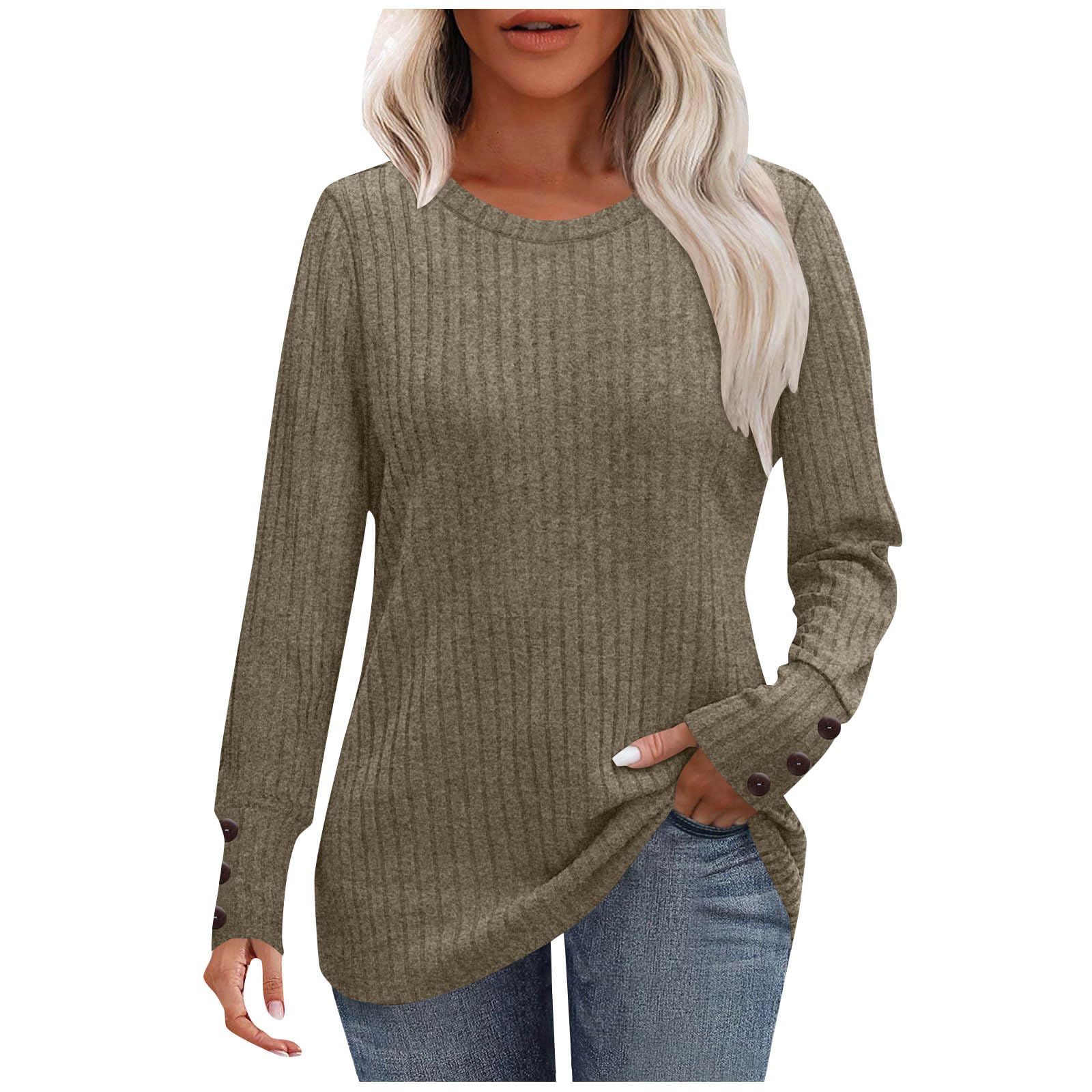 Womens Long Sleeve Sweaters Button Cuff Ribbed Knit Sweaters 2025 Fashion Lightweight Casual Crewneck Tunic Tops