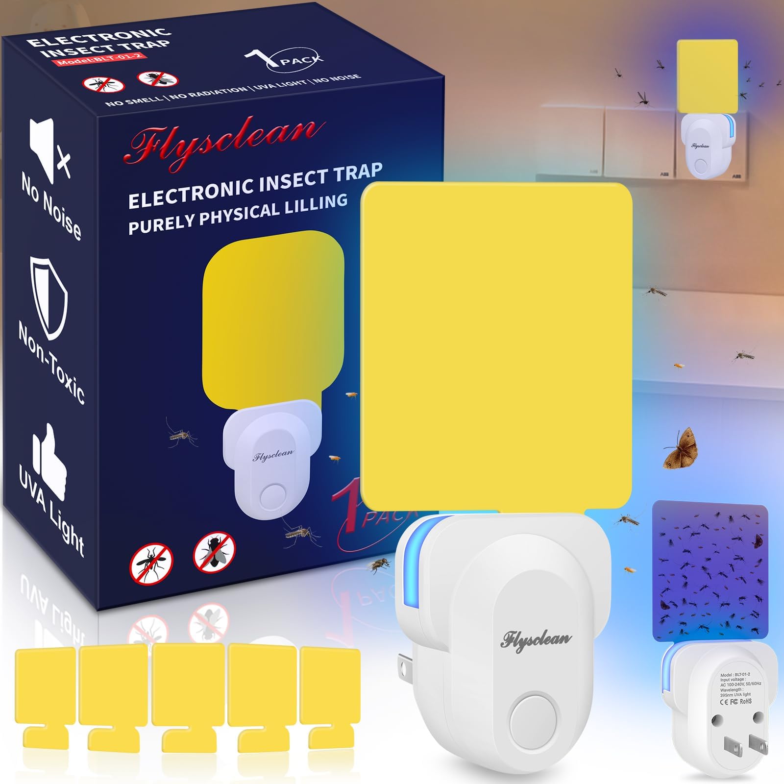 Flying Insect Trap Plug-in, Upgrade Gnat Traps for House Indoor, Safe Non-Toxic Gnat Catcher Fruit Fly Killer UV Light Attractant Bug Light Trap with Sticky Pad for Flies, Gnats, Moths (1 Pack-White)