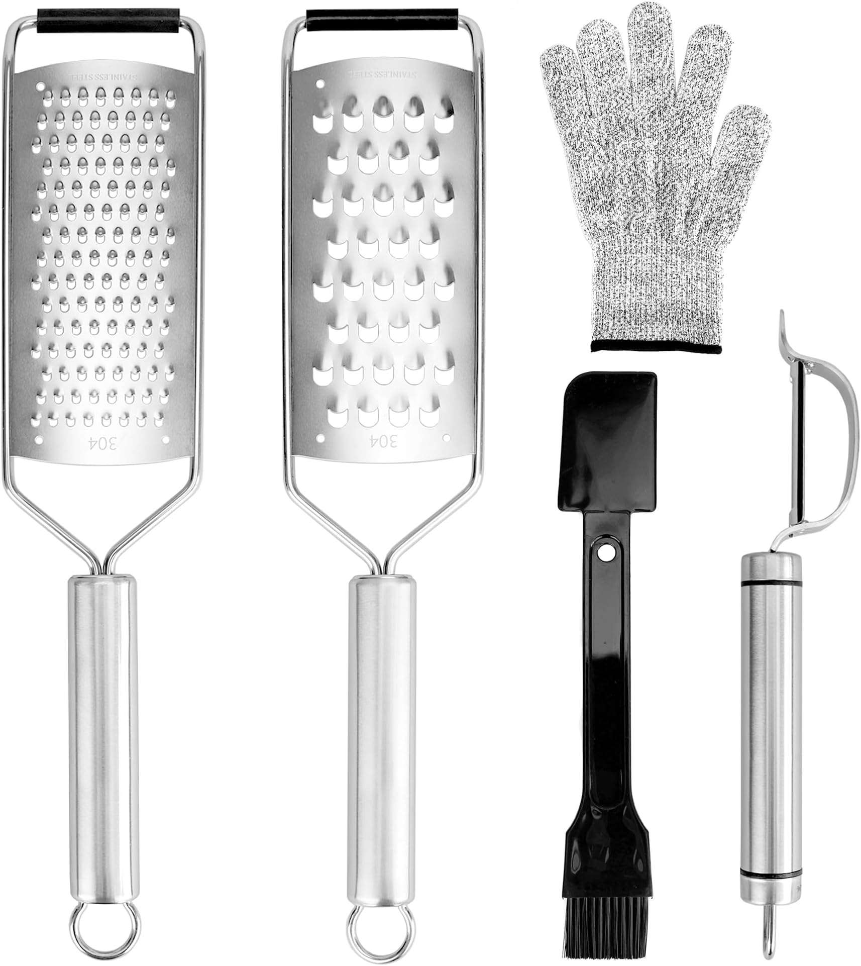Homestia Stainless Steel Cheese Grater Set, Set of 5 Kitchen Grater & Peeler & Slicer, Razor-Sharp Stainless Steel Blade, Cleaning Brush for Vegetable Fruit Chocolate with Glove Protect Hand
