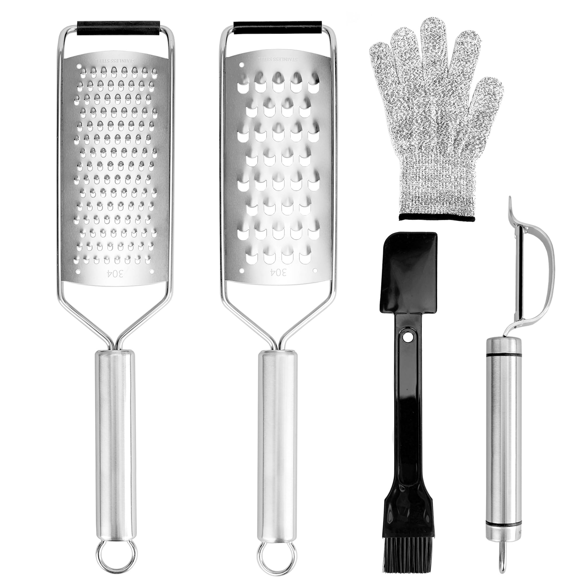 Homestia Stainless Steel Cheese Grater Set, Set of 5 Kitchen Grater & Peeler & Slicer, Razor-Sharp Stainless Steel Blade, Cleaning Brush for Vegetable Fruit Chocolate with Glove Protect Hand