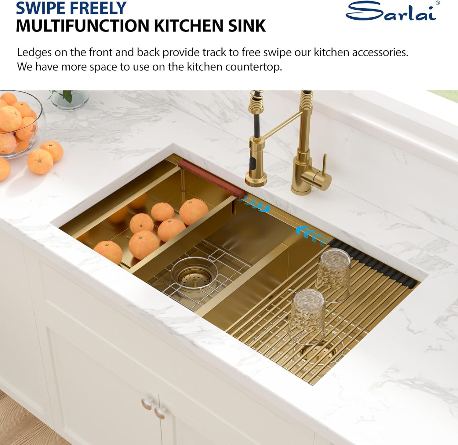 Sarlai 33 Inch Gold Undermount Kitchen Sink Double Bowl 33 x 19 Inch Low Divided Gold Workstation Double Kitchen Sink Stainless Steel 16 Gauge 50/50 Sinks Basin
