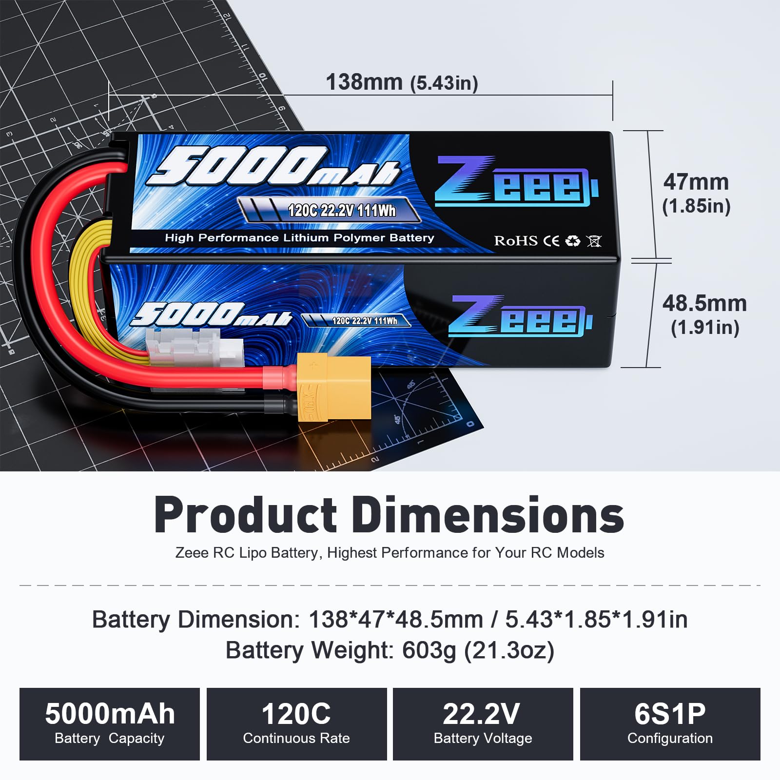 Amazon.com: Zeee 6S 5000mAh Lipo Battery 22.2V 120C with XT90