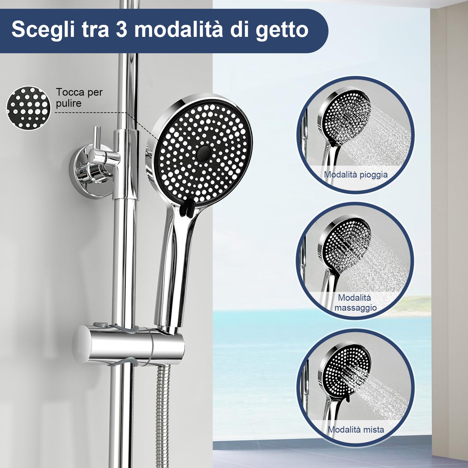 Sistema Doccia Termostatico Completo Colonna Acciaio Inox Pioggia 25cm Doccetta 3 Funzioni Getto Regolazione Altezza Sicurezza Anti Ustioni Risparmio Idrico