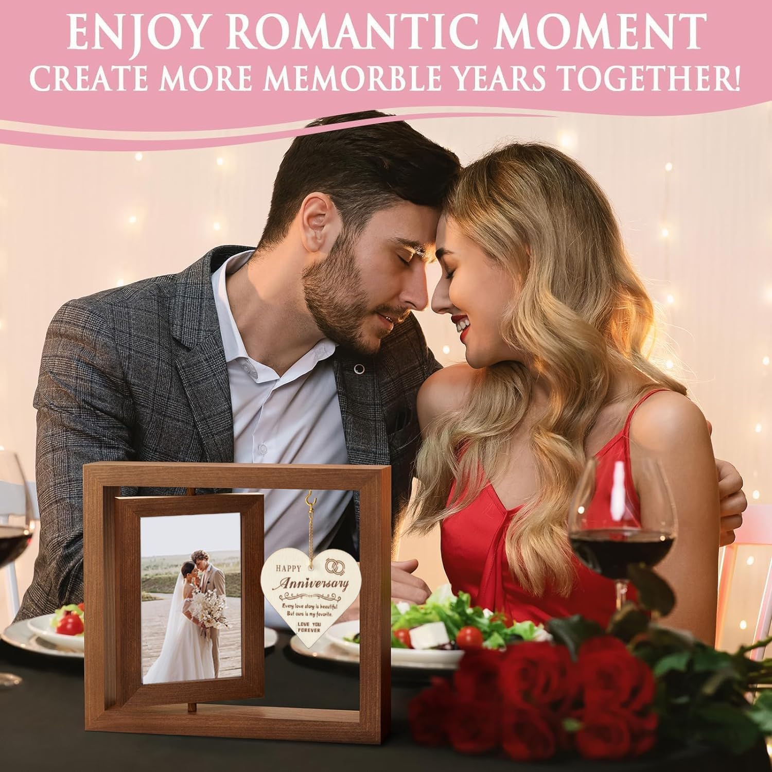 Happy Anniversary Picture Frame Gifts for Women, 4x6 Rustic Wood Rotating Floating Anniversary Wedding Gifts for 4x6 Pictures for Her Him Wife Husband Men Couple Boyfriend Girlfriend, Happy Anniversary Decorations Bridal Shower Gift - Image 5