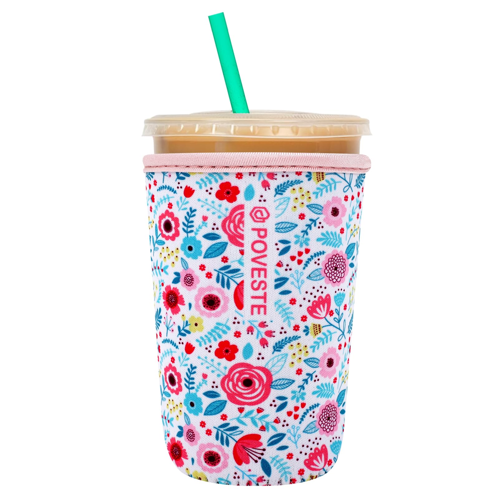 Reusable Neoprene Insulator Sleeve for Iced Coffee &amp; Cold Soda, Coffee Sleeves for Iced &amp; Hot Drinks, Cold Beverage Cooler Compatible with Starbucks, Dunkin (White Flower Garden, Medium: 22-24oz)