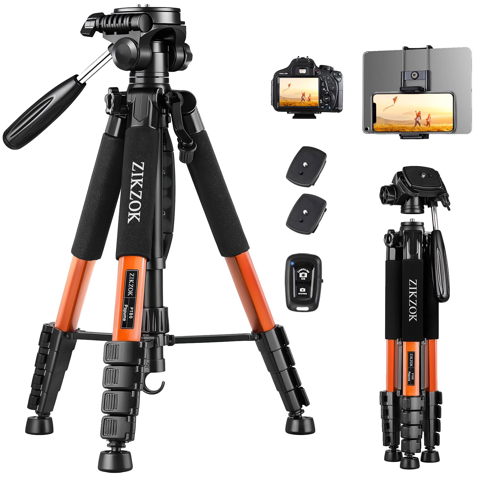 Tripod for Camera, 76" Tall Camera Tripod with Remote, Compact Camera Stand Tripod for iPhone, Lightweight DSLR Tripod& Monopod, Professional Heavy Duty Tripod for Spotting Scope, Telescope