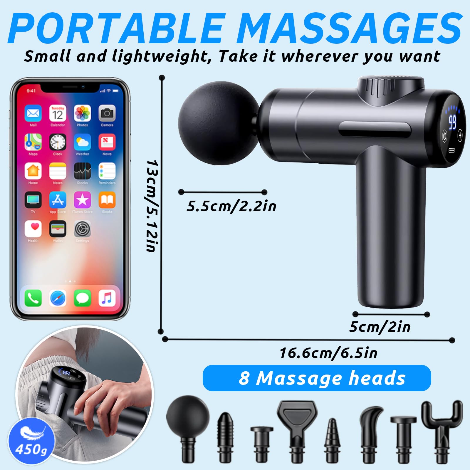 Pistola Masajeadora Muscular, Pistola de Masajes de Tejido Profundo con 99 Niveles Ajustables, 8 Cabezales de Masaje, Pantalla LCD Táctil, para Aliviar el Dolor Muscular
