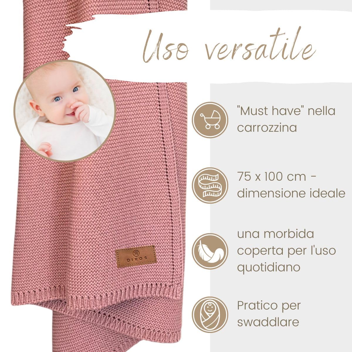 DIKOS® Coperta per neonati, 100% cotone biologico, coperta per neonati, per tutto l'anno, coperta per bambini, idea regalo per la nascita (bacca)