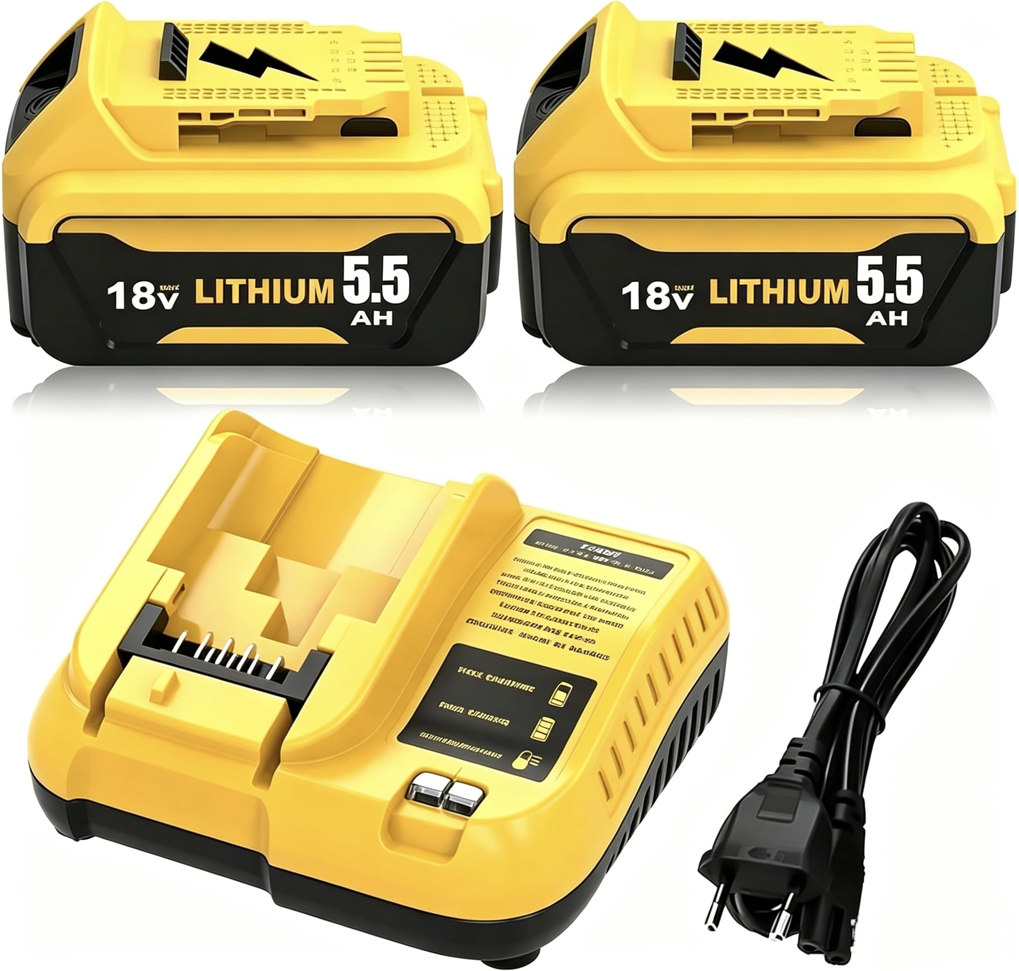2 Piezas 5500mAh Reemplazo para Dewalt Batería 18V + Cargador para DCB107 DCB184 DCB180 DCB181 DCB182 DCB200 DCB201 DCB204 con indicador LED