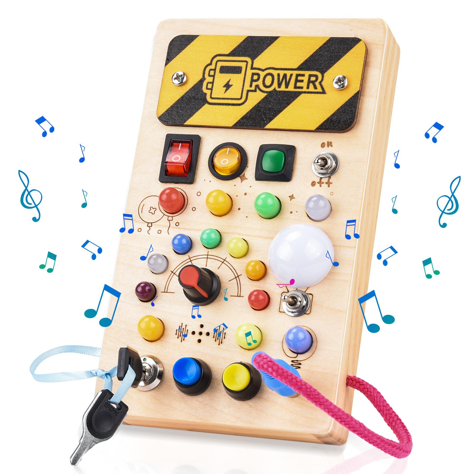 Busy Board Montessori Activity Board a Partire da 1 Anno Giocattolo Montessori in Legno con 8 interruttori, 15 luci a LED, 6 musiche per Neonati e Bambini Piccoli Educazione sensoriale