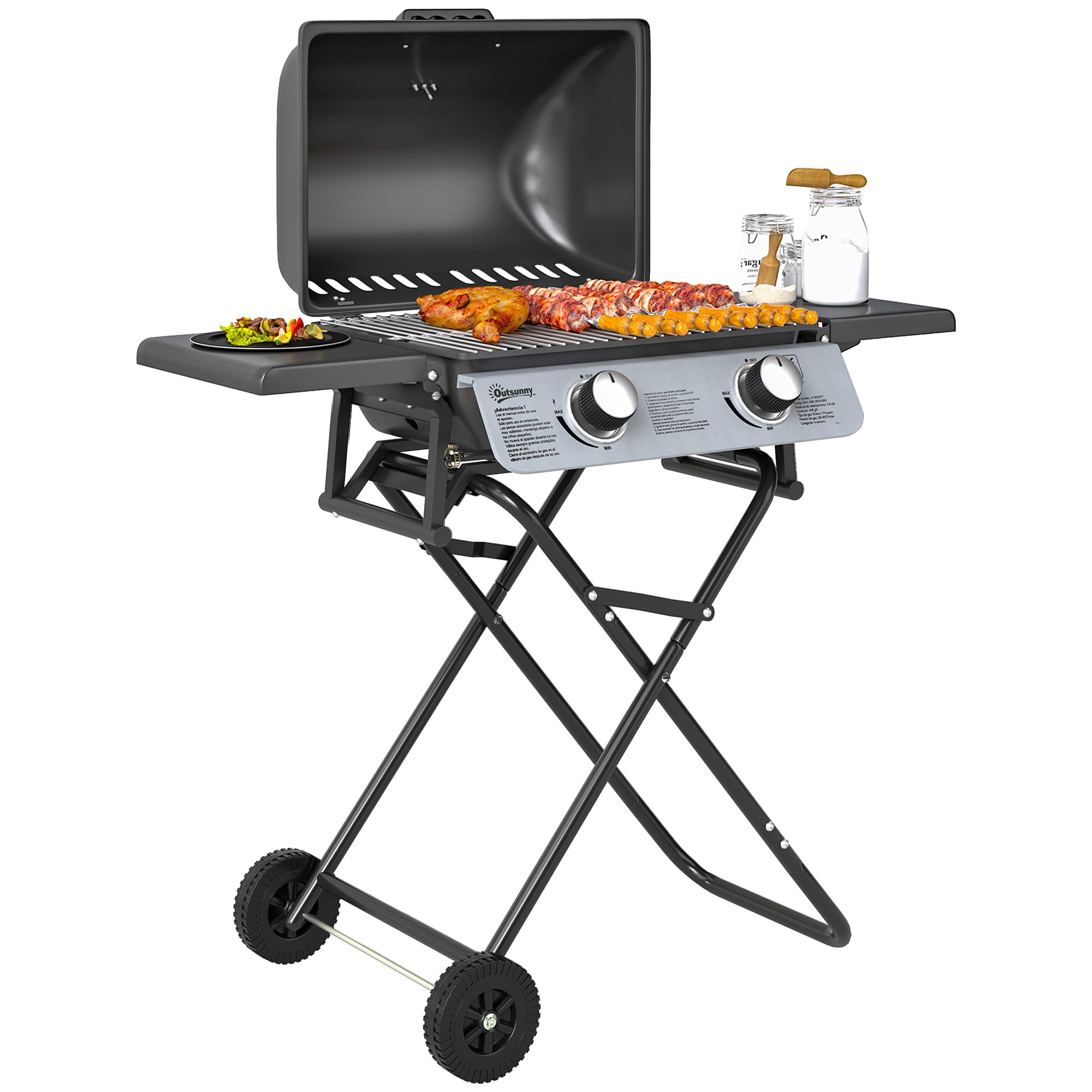 Outsunny Barbecue Gaz Transportable Pliable, 2 Brûleurs 5,6 kW, Barbecue Gaz de Camping avec Grille de Cuisson, Étagères Latérales, Couvercle, Thermomètre et Roues, pour Camping Jardin Balcon, Noir
