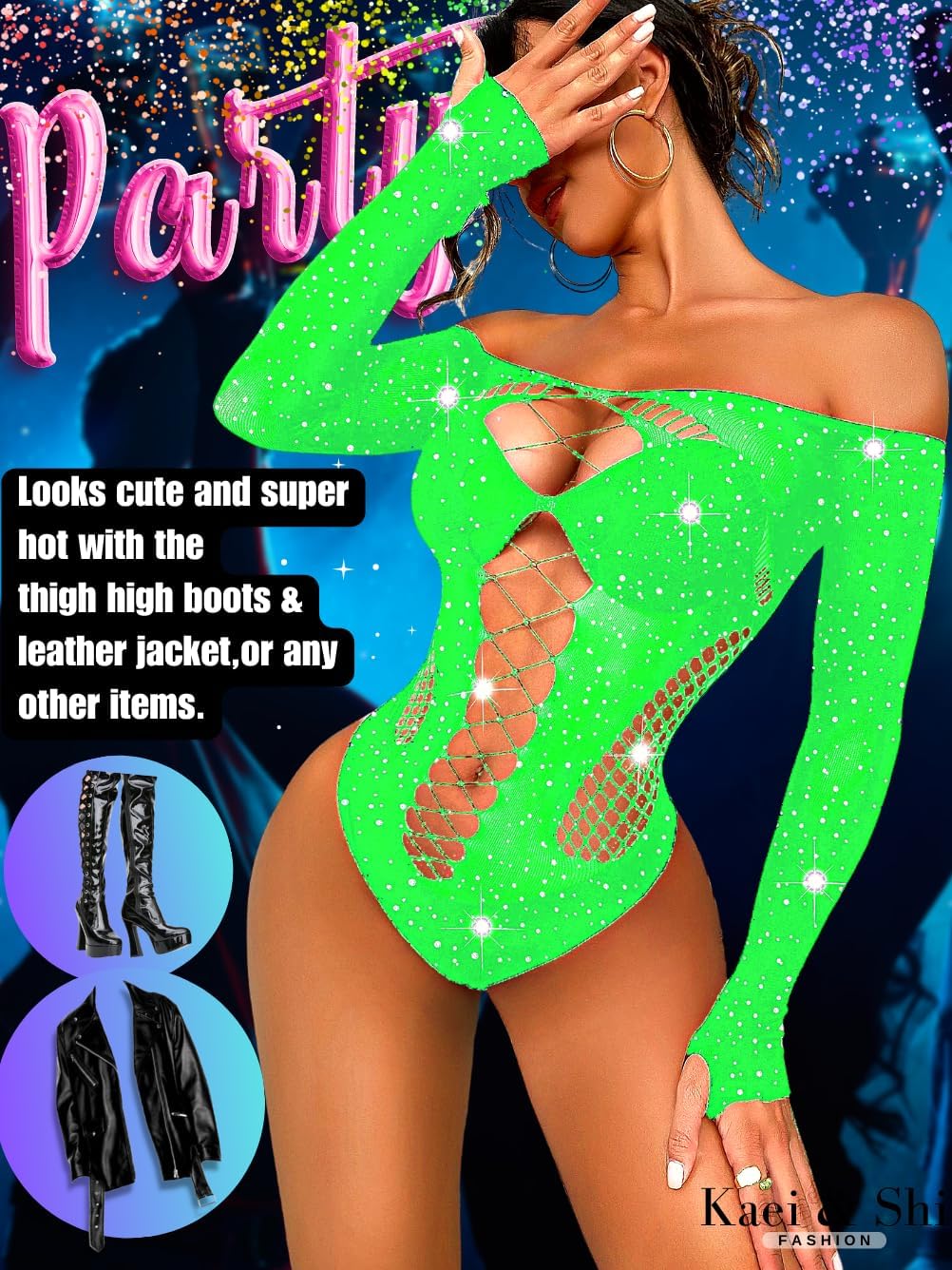 Kaei&Shi Rave Outfits For Women, Rhinestone Bodysuit Fits 0-16, Exotic Dancer Sexy Tops, Fishnet Stripper Plus Size Lingerie - Image 3
