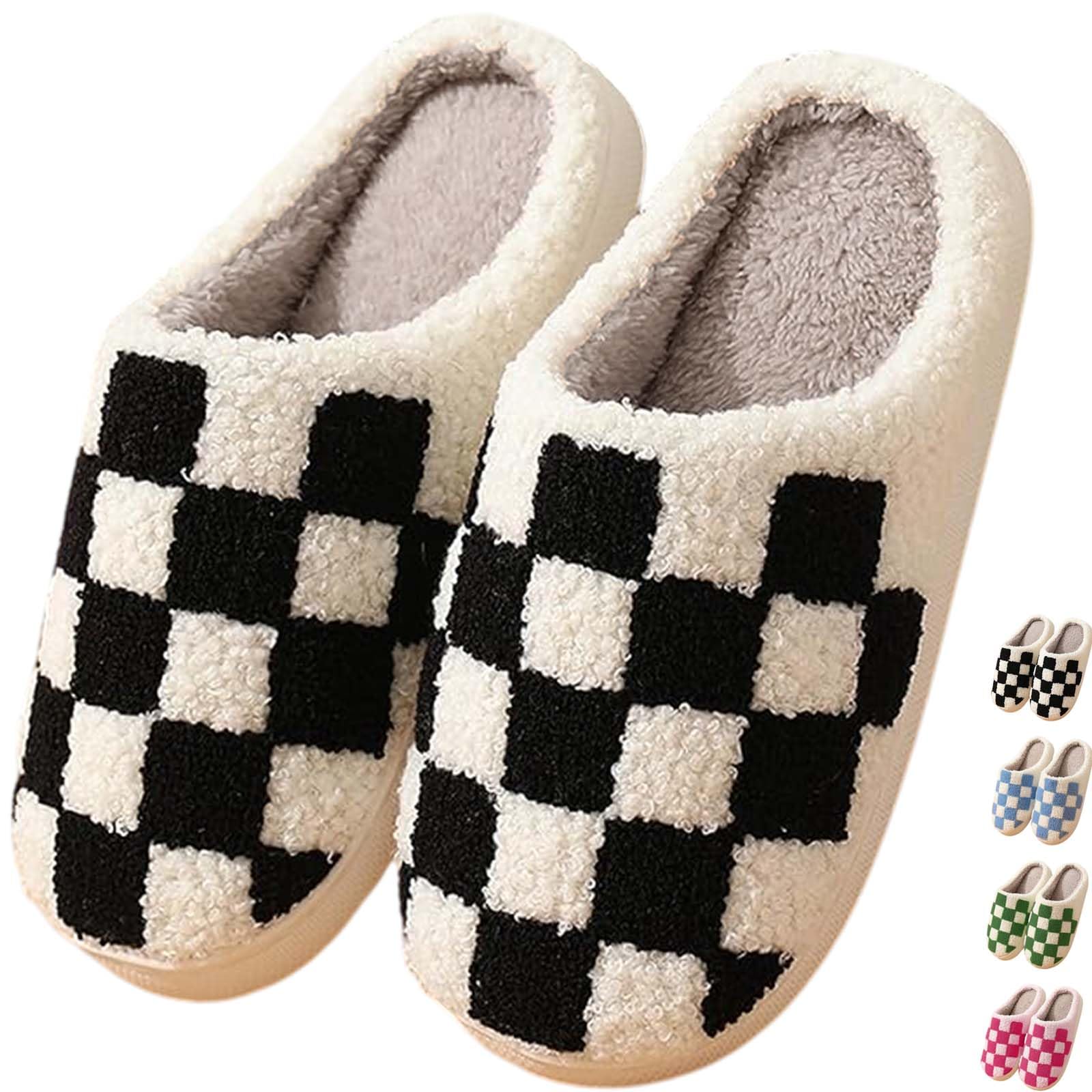 Checkered Slippers for Women and Men - Fuzzy House Slippers with Memory Foam, Comfy Plush Fluffy Indoor House Shoes, Cozy Warm Slip on Bedroom Slippers with Non-Slip Sole