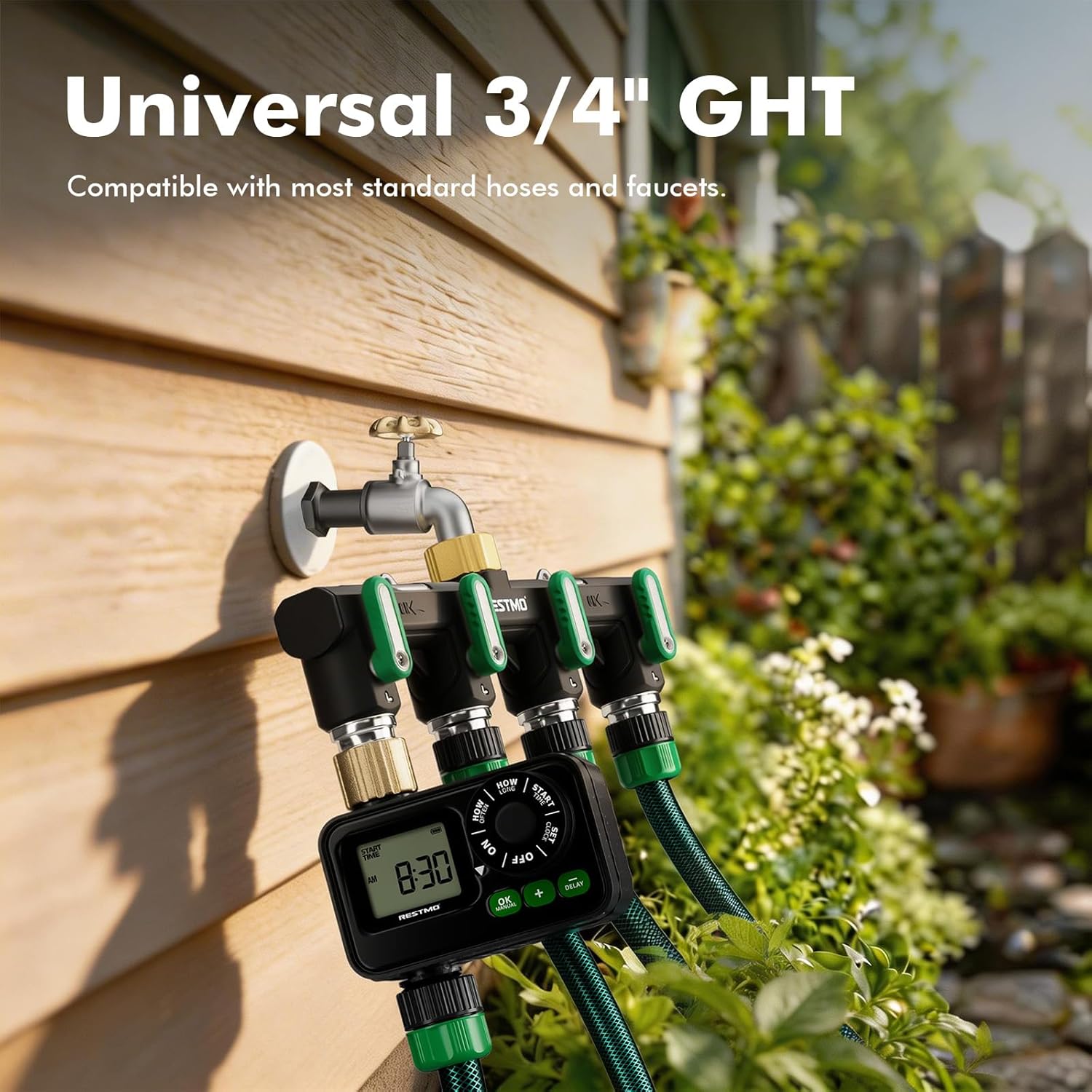 Restmo 4 Way Garden Hose Splitter Heavy Duty Full Metal Body, Full Flow Design with Oversized Ball Valve, Outdoor Faucet Spigot Adapter with Extended Levers, 3/4" GHT Thread - Green