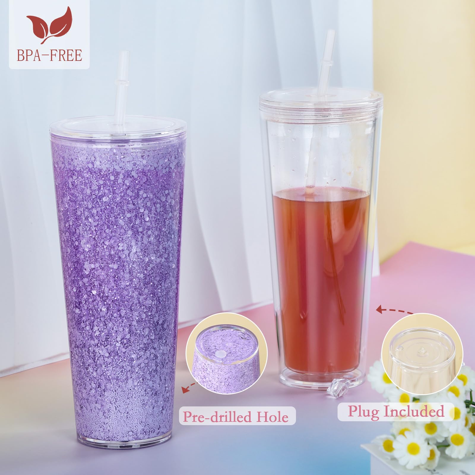 Cosictic 24 OZ Mehrweg Acryl-Schneekugel-Tumbler mit vorgebohrtem Loch, 709ml, Kunststoff-Doppelwandiger Schneekugel-Tumbler mit klarem Deckel und Trinkhalm, (8 Stück)