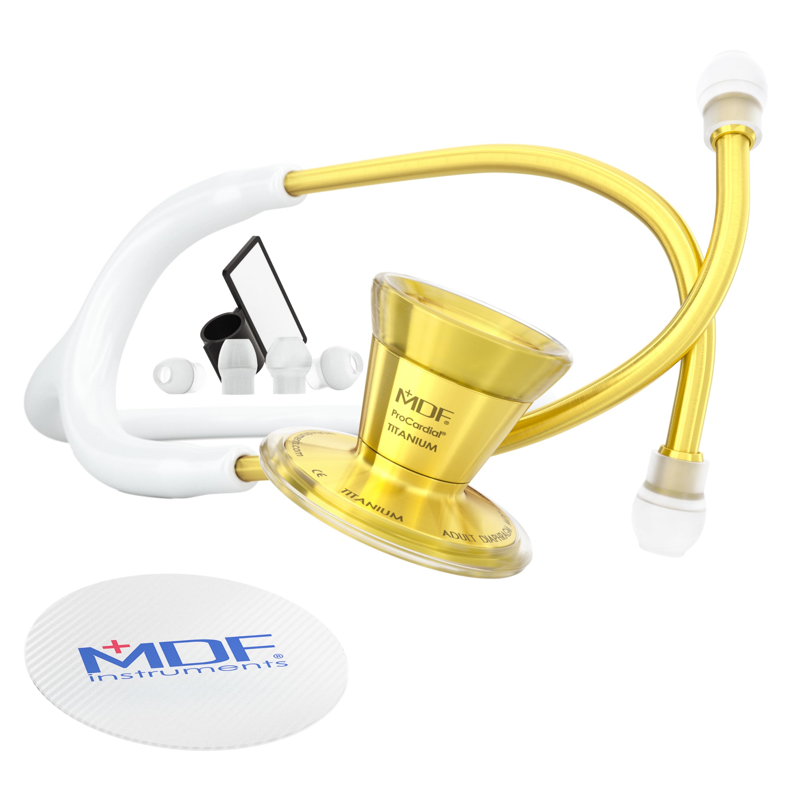 MDF Instruments ProCardial Kardiologie-Stethoskop, Leichtgewichts-Titan, Erwachsene, Weißer Schlauch, Gold-Bruststück, MDF797TK29