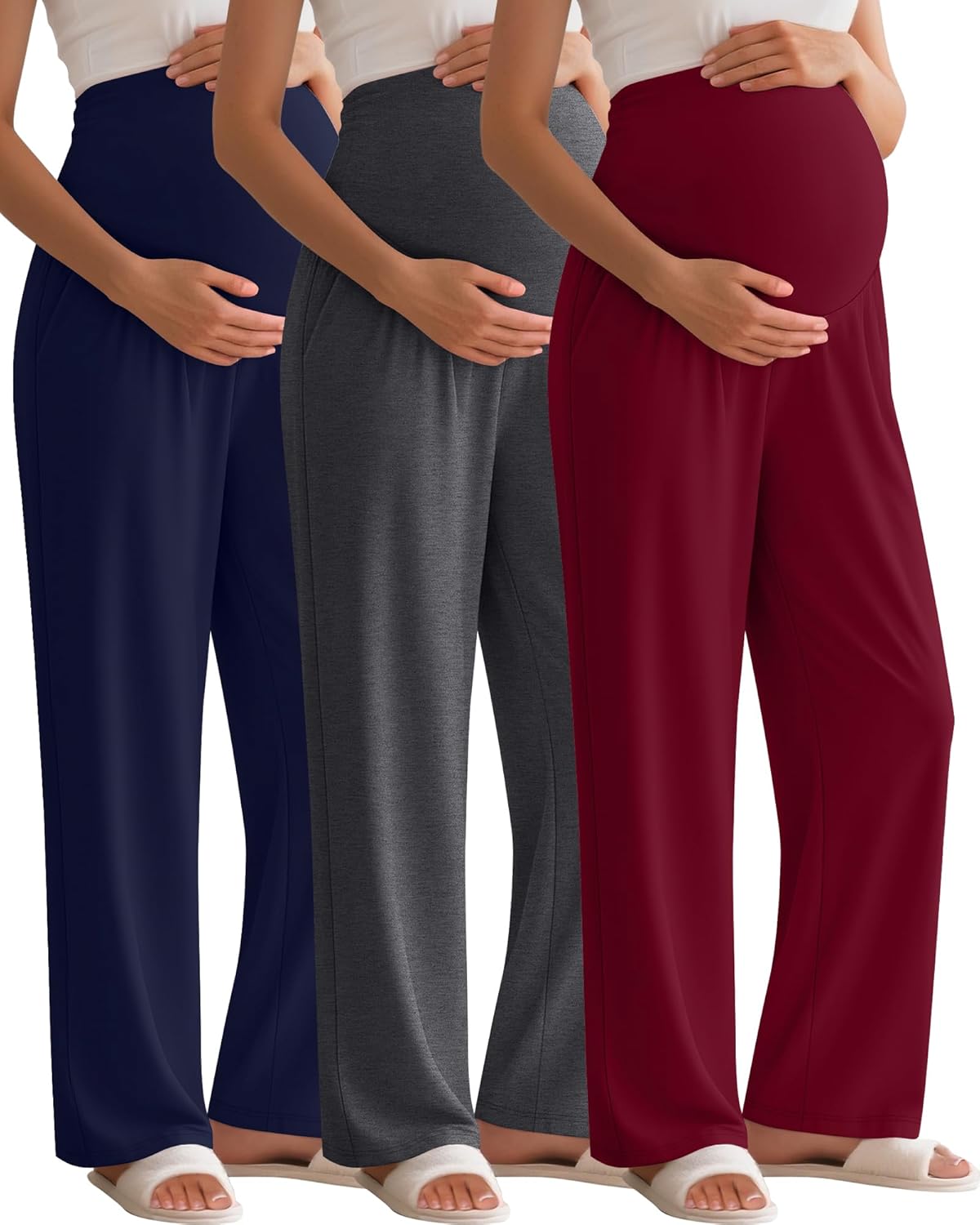 3 Pack Women's Maternity Pants Over The Belly Pregnancy Pants Stretchy Loose Wide Leg Lounge Pajama with Pockets