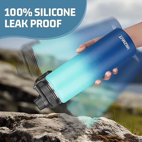 Miniatura 6 de MEZMUT Botella de agua aislada de acero inoxidable de 24 onzas con popote y 2 tapas, taza de metal deportiva, botella aislada al vacío de doble