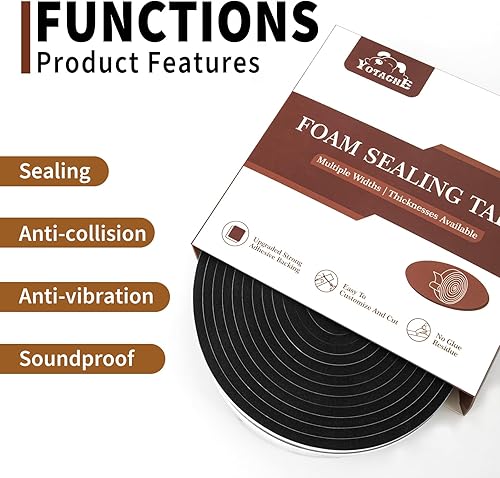 Miniatura 5 de Yotache rollos 2 en 1 de cinta adhesiva de espuma de goma de 2" de ancho x 14" de grosor, tiras adhesivas de espuma de célula cerrada, burlete de