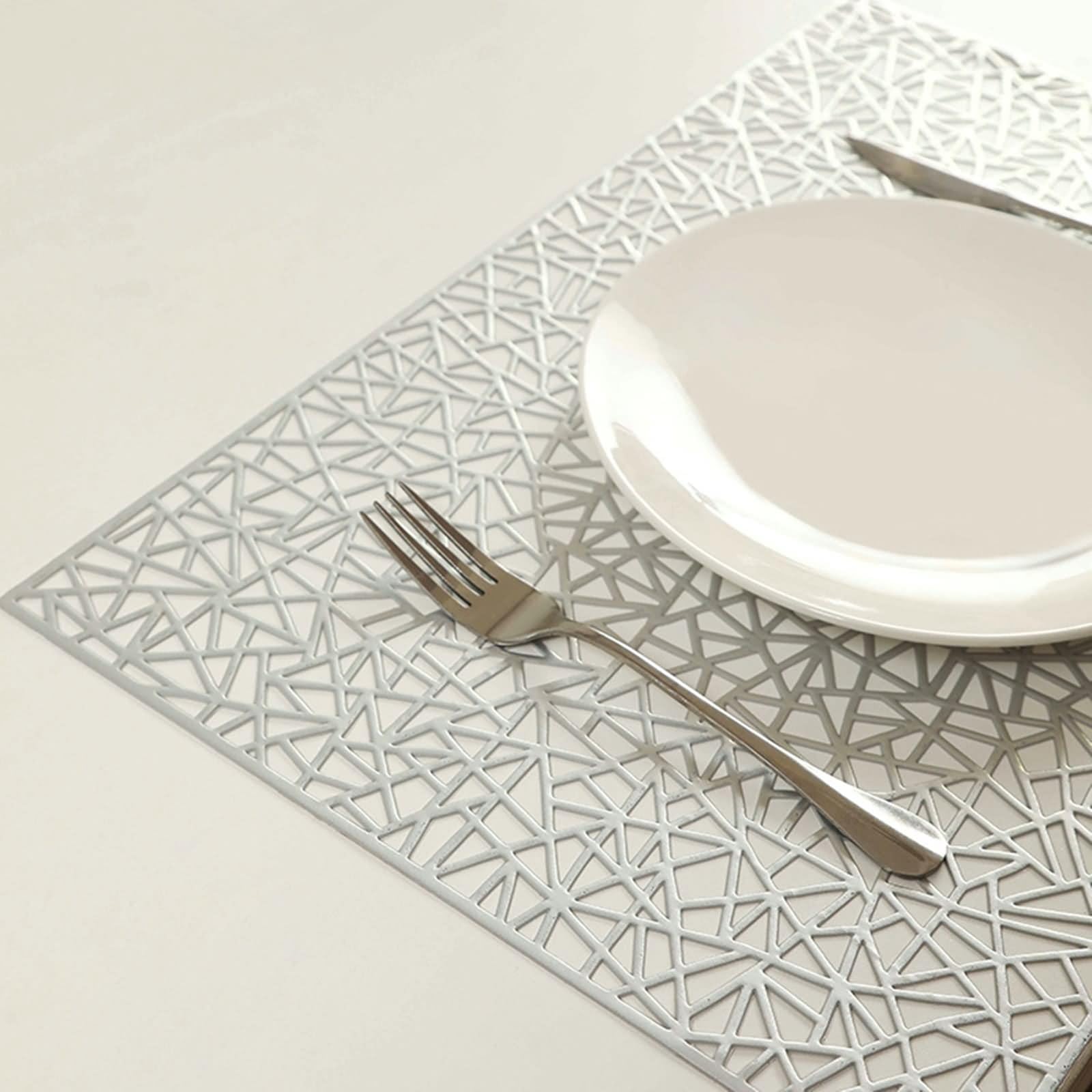 Lot de 10 Dessous de Table Grand 45x30cm, Placemats for Dining Table Rectangulaire à Motif Géométrique PVC Argent