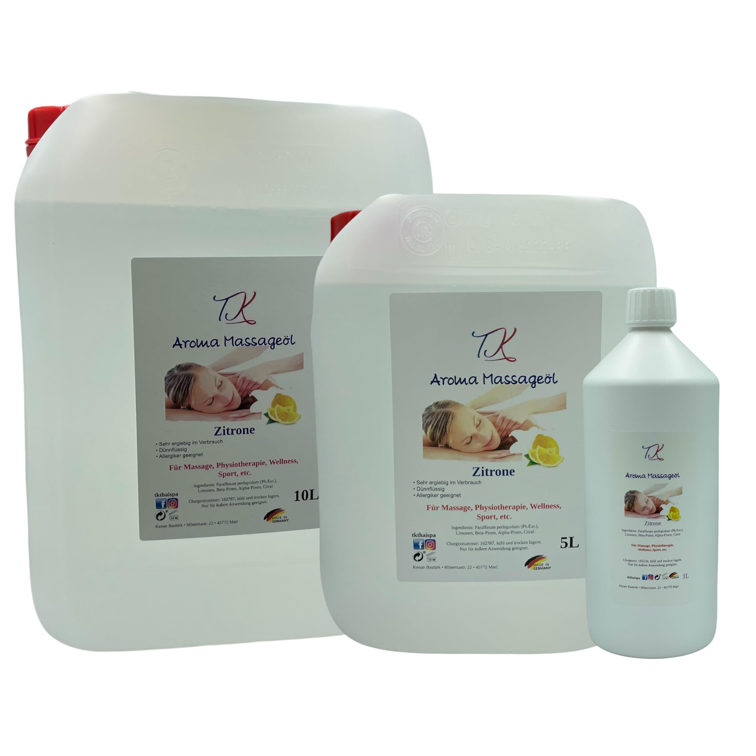 Lot de 9 huiles de massage aromatiques (2 x 500 ml) pour massage, physiothérapie, bien-être, sport, etc. Qualité pharmaceutique (1000 ml, jasmin et citron)