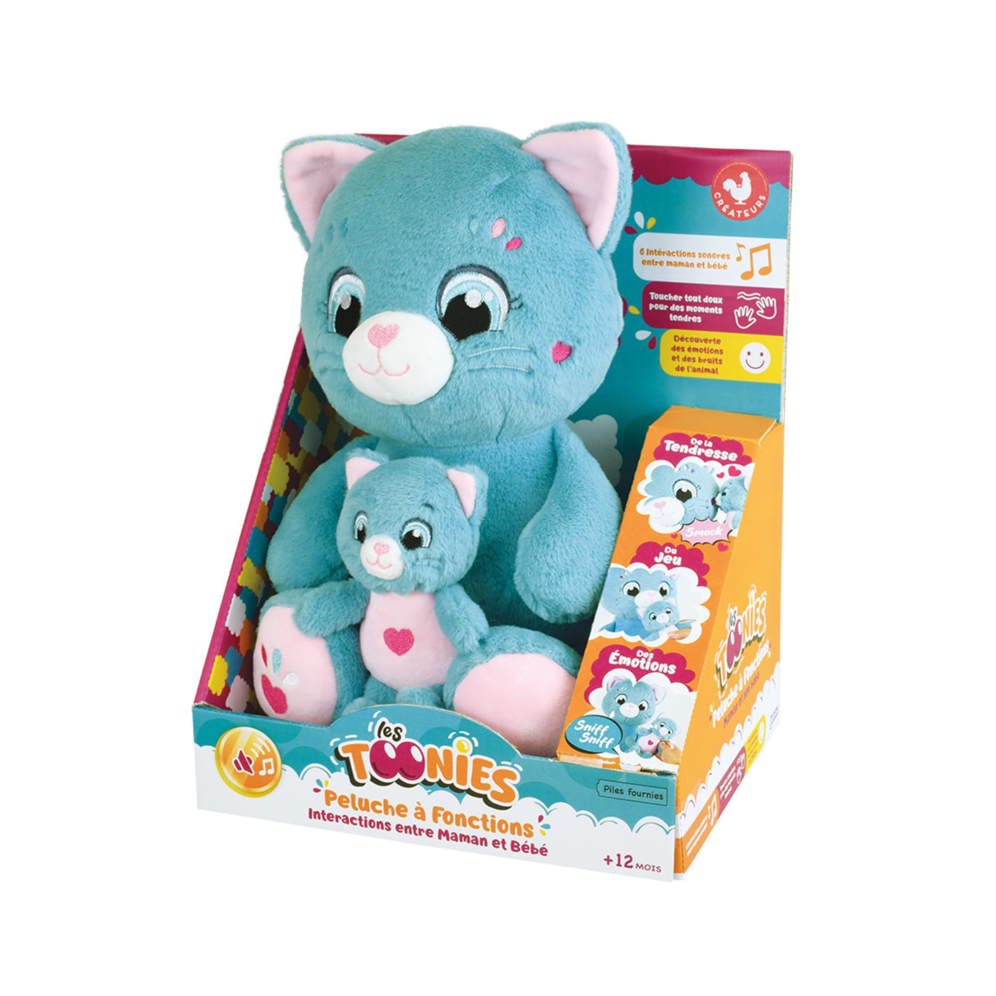 Jemini | Peluche Interattivo Gatto Mamma E Bambino | 26 Cm | 6 Suoni Educativi | Doudou Sonore Bambino 12 Mesi | Giocattolo Risveglio Sensoriale con Batterie Incluse | Collezione Toonies | Regalo 1